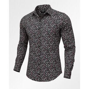 Express Slim Fit Floral Button Up Shirt Men’s Large Black Pink Long Sleeve